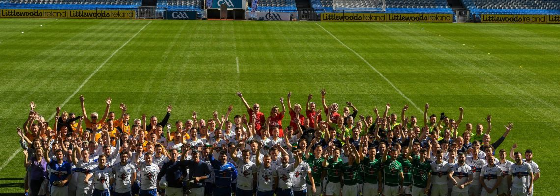20 September 2019; Team picture from the Perpetual Iron Cup for Gaelic Football for the Inaugural Iron Games 2019 in aid of the Irish Haemochromatosis Association (IHA). Well-known Irish construction companies competed in Gaelic Football in Croke Park on Friday, 20th September. Set to raise vital funds to combat the most common genetic disorder in Ireland and to promote health, wellness and engagement amongst construction employees, plans are already afoot to stage the games in 2020, when all industries will be invited to participate and make a real difference to the treatments for this disorder.  Participants can sign up for 2020 or donate on www.haemochromatosis-ir.com. Photo by Matt Browne/Sportsfile *** NO REPRODUCTION FEE ***